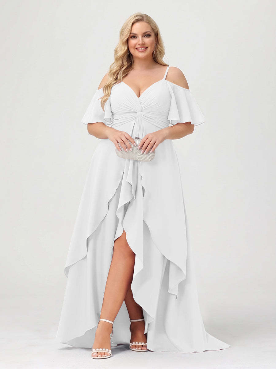 A-Line/Princess Spaghetti Straps Half Sleeves V-Neck Plus Size Bridesmaid Dresses With Ruffles