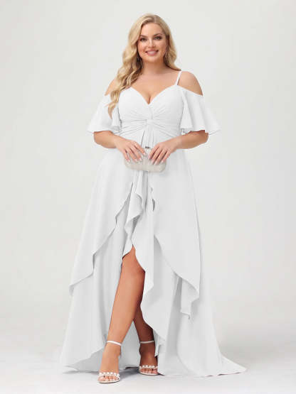 A-Line/Princess Spaghetti Straps Half Sleeves V-Neck Plus Size Bridesmaid Dresses With Ruffles