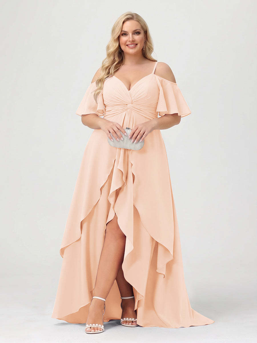 A-Line/Princess Spaghetti Straps Half Sleeves V-Neck Plus Size Bridesmaid Dresses With Ruffles