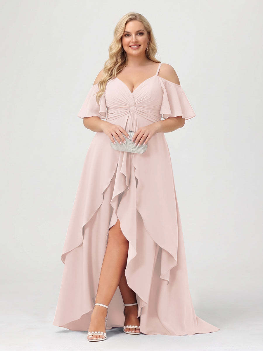 A-Line/Princess Spaghetti Straps Half Sleeves V-Neck Plus Size Bridesmaid Dresses With Ruffles