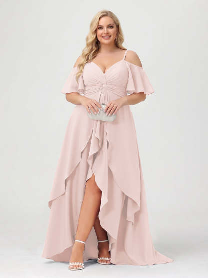 A-Line/Princess Spaghetti Straps Half Sleeves V-Neck Plus Size Bridesmaid Dresses With Ruffles