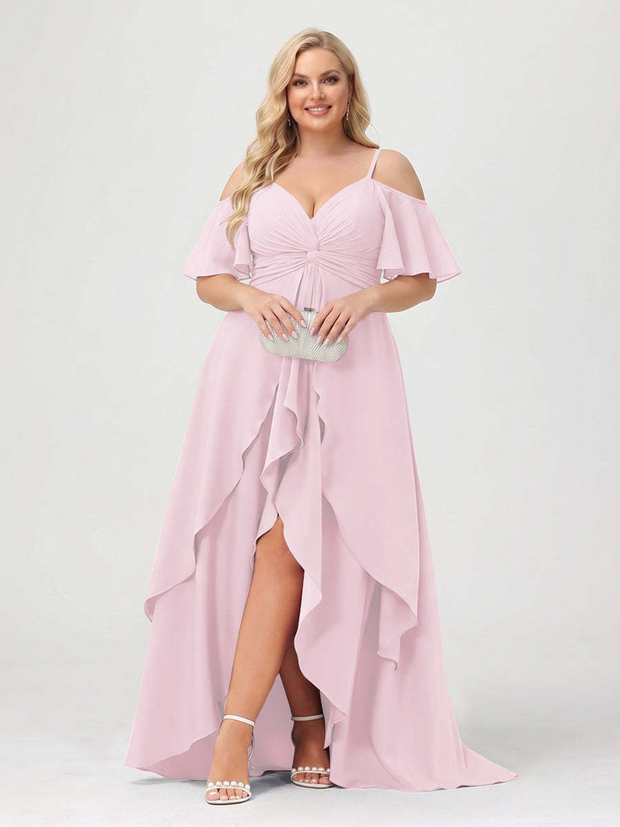 A-Line/Princess Spaghetti Straps Half Sleeves V-Neck Plus Size Bridesmaid Dresses With Ruffles