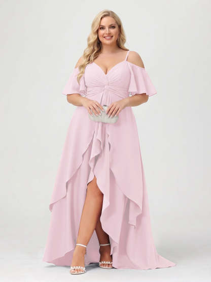 A-Line/Princess Spaghetti Straps Half Sleeves V-Neck Plus Size Bridesmaid Dresses With Ruffles