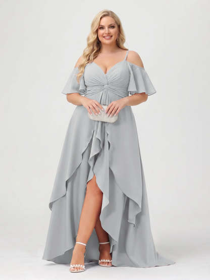 A-Line/Princess Spaghetti Straps Half Sleeves V-Neck Plus Size Bridesmaid Dresses With Ruffles