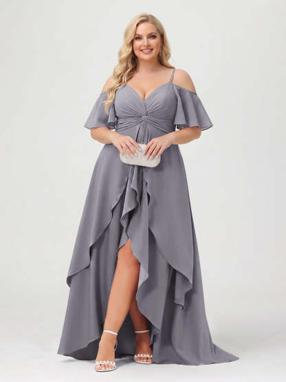 A-Line/Princess Spaghetti Straps Half Sleeves V-Neck Plus Size Bridesmaid Dresses With Ruffles