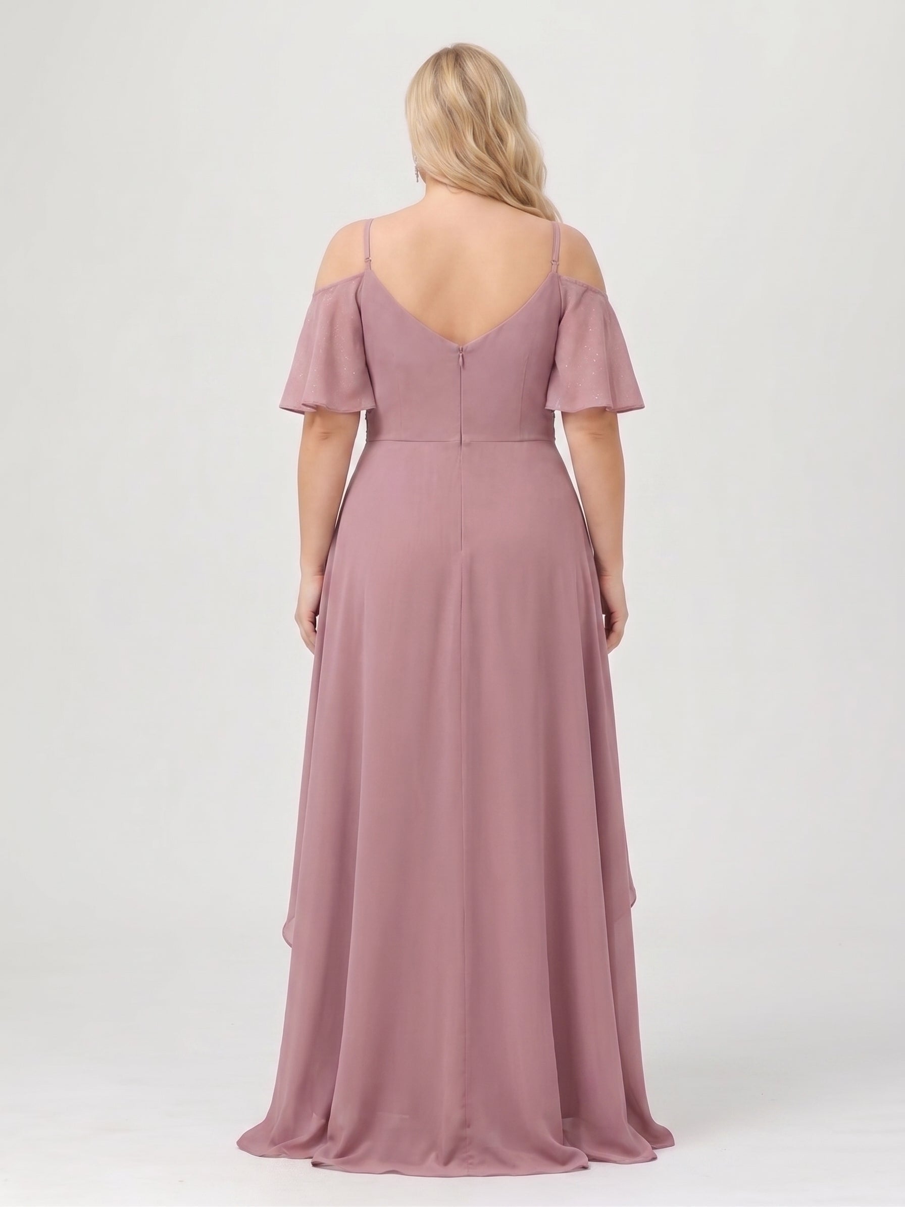 A-Line/Princess Spaghetti Straps Half Sleeves V-Neck Plus Size Bridesmaid Dresses With Ruffles