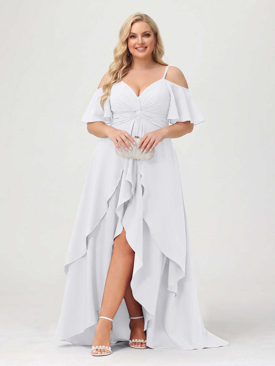 A-Line/Princess Spaghetti Straps Half Sleeves V-Neck Plus Size Bridesmaid Dresses With Ruffles