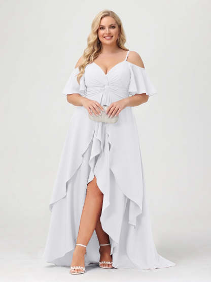 A-Line/Princess Spaghetti Straps Half Sleeves V-Neck Plus Size Bridesmaid Dresses With Ruffles
