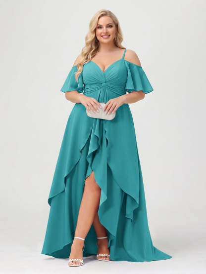 A-Line/Princess Spaghetti Straps Half Sleeves V-Neck Plus Size Bridesmaid Dresses With Ruffles
