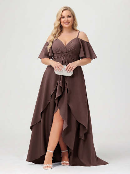A-Line/Princess Spaghetti Straps Half Sleeves V-Neck Plus Size Bridesmaid Dresses With Ruffles