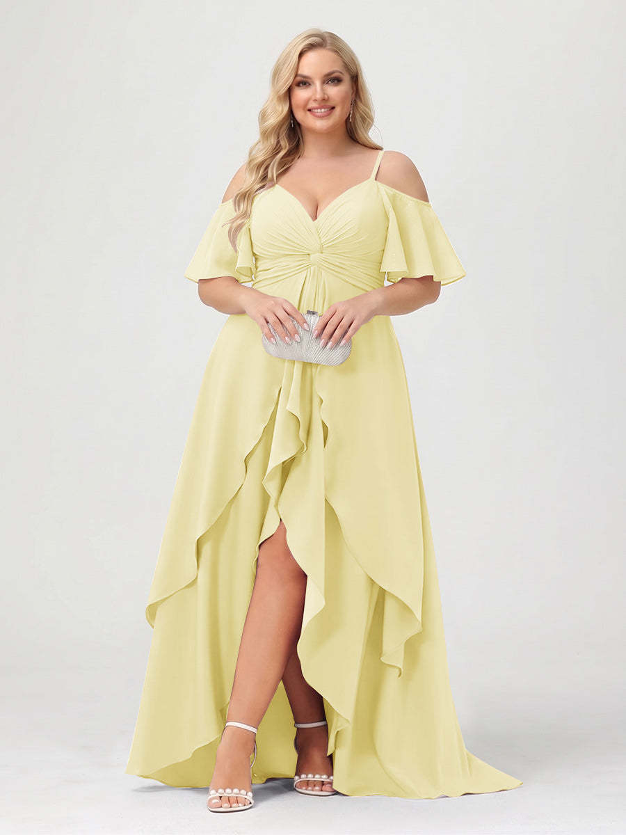 A-Line/Princess Spaghetti Straps Half Sleeves V-Neck Plus Size Bridesmaid Dresses With Ruffles