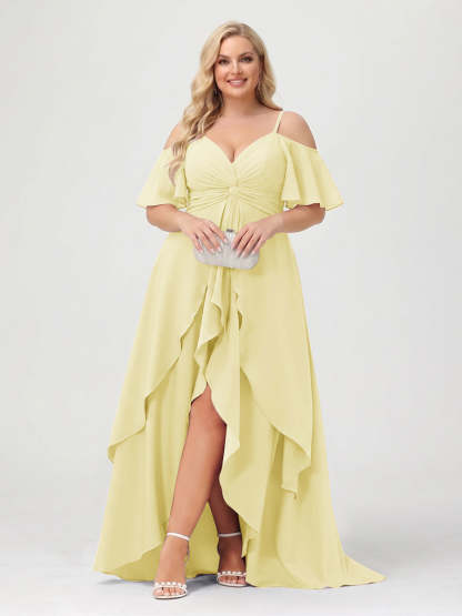 A-Line/Princess Spaghetti Straps Half Sleeves V-Neck Plus Size Bridesmaid Dresses With Ruffles