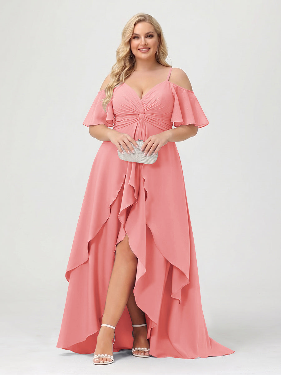 A-Line/Princess Spaghetti Straps Half Sleeves V-Neck Plus Size Bridesmaid Dresses With Ruffles