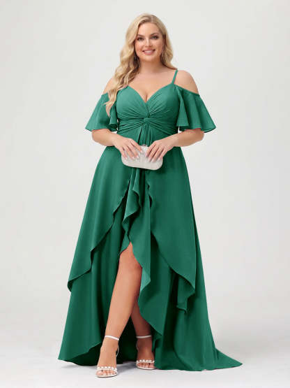 A-Line/Princess Spaghetti Straps Half Sleeves V-Neck Plus Size Bridesmaid Dresses With Ruffles