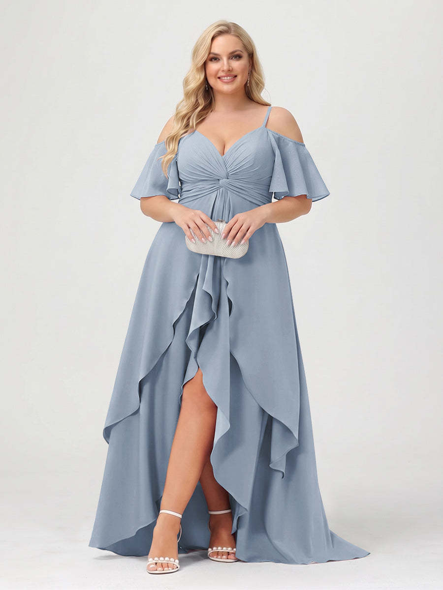 A-Line/Princess Spaghetti Straps Half Sleeves V-Neck Plus Size Bridesmaid Dresses With Ruffles