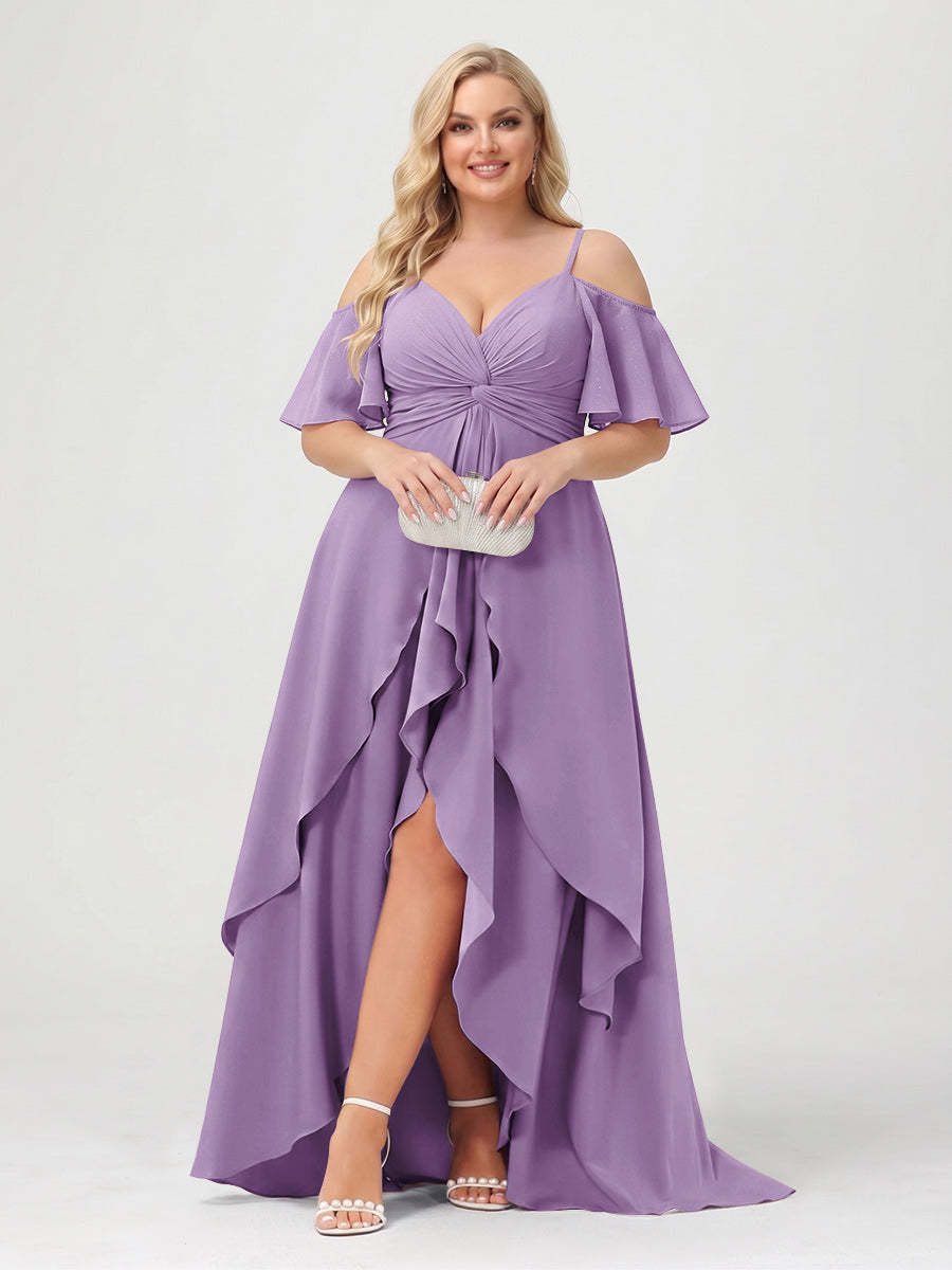 A-Line/Princess Spaghetti Straps Half Sleeves V-Neck Plus Size Bridesmaid Dresses With Ruffles