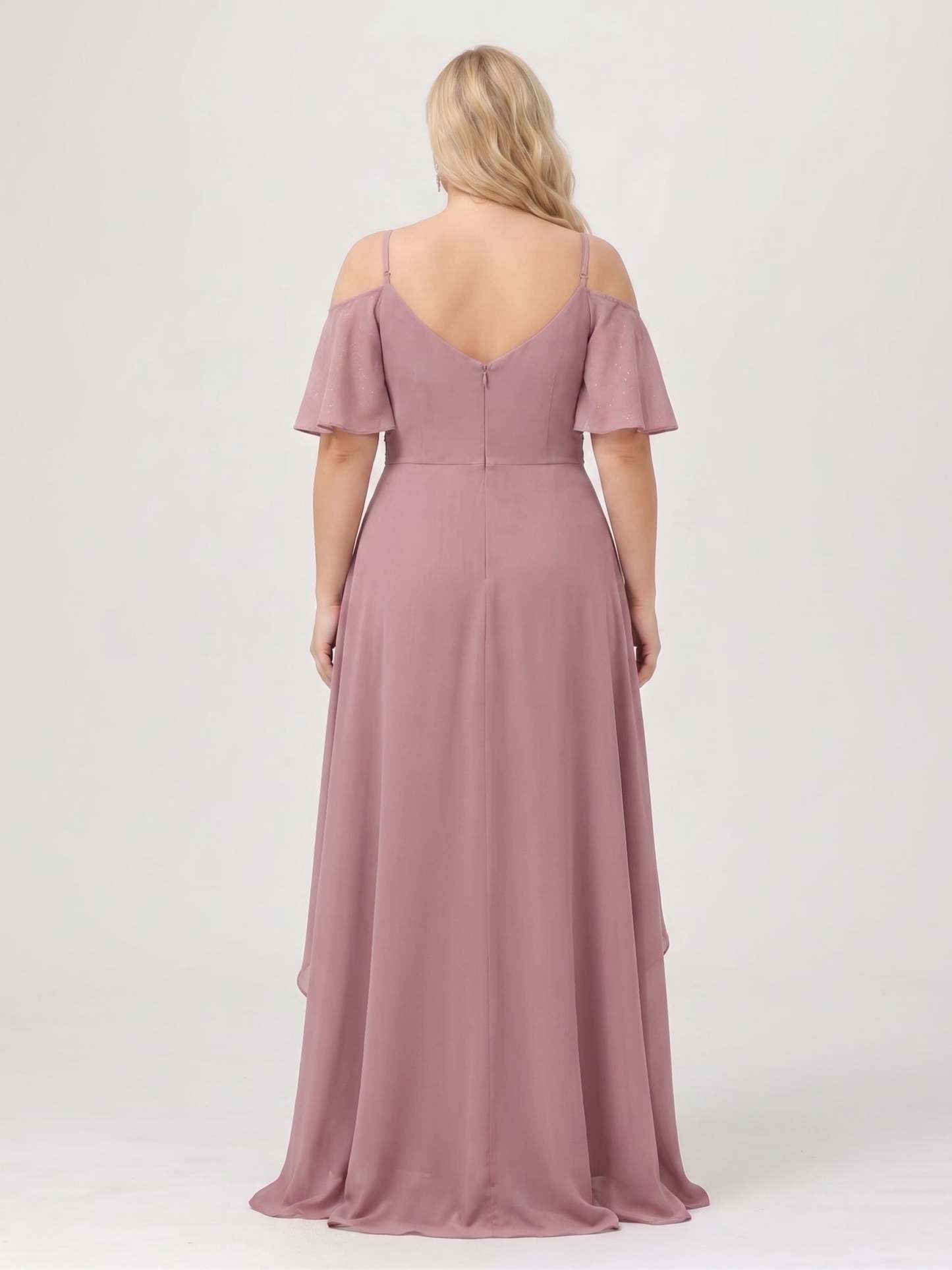 A-Line/Princess Spaghetti Straps Half Sleeves V-Neck Plus Size Bridesmaid Dresses With Ruffles