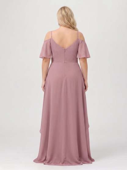 A-Line/Princess Spaghetti Straps Half Sleeves V-Neck Plus Size Bridesmaid Dresses With Ruffles