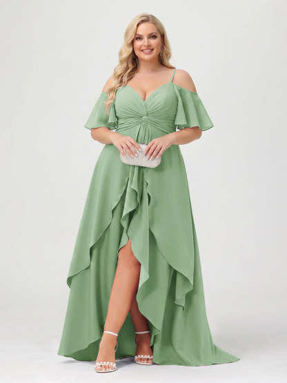 A-Line/Princess Spaghetti Straps Half Sleeves V-Neck Plus Size Bridesmaid Dresses With Ruffles