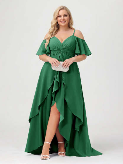 A-Line/Princess Spaghetti Straps Half Sleeves V-Neck Plus Size Bridesmaid Dresses With Ruffles