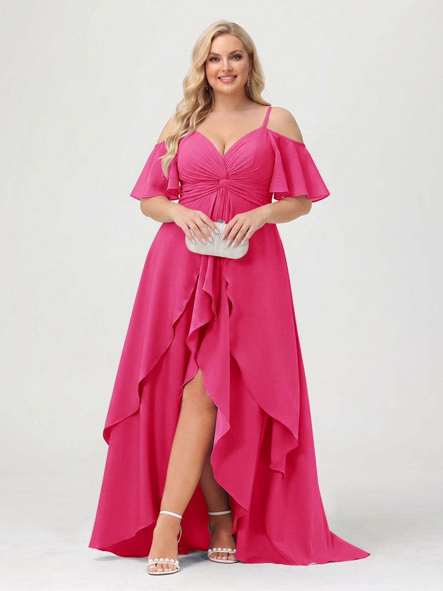 A-Line/Princess Spaghetti Straps Half Sleeves V-Neck Plus Size Bridesmaid Dresses With Ruffles