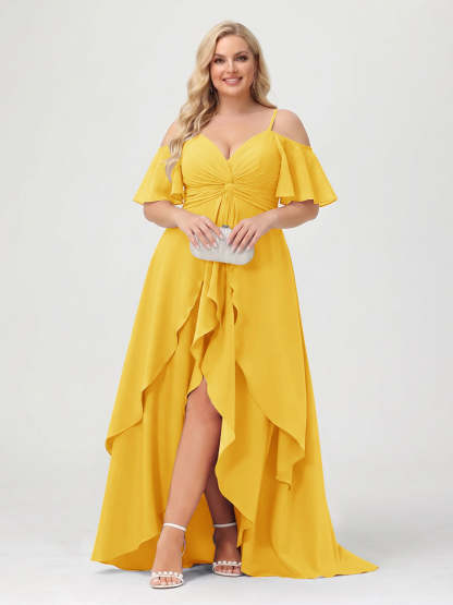 A-Line/Princess Spaghetti Straps Half Sleeves V-Neck Plus Size Bridesmaid Dresses With Ruffles