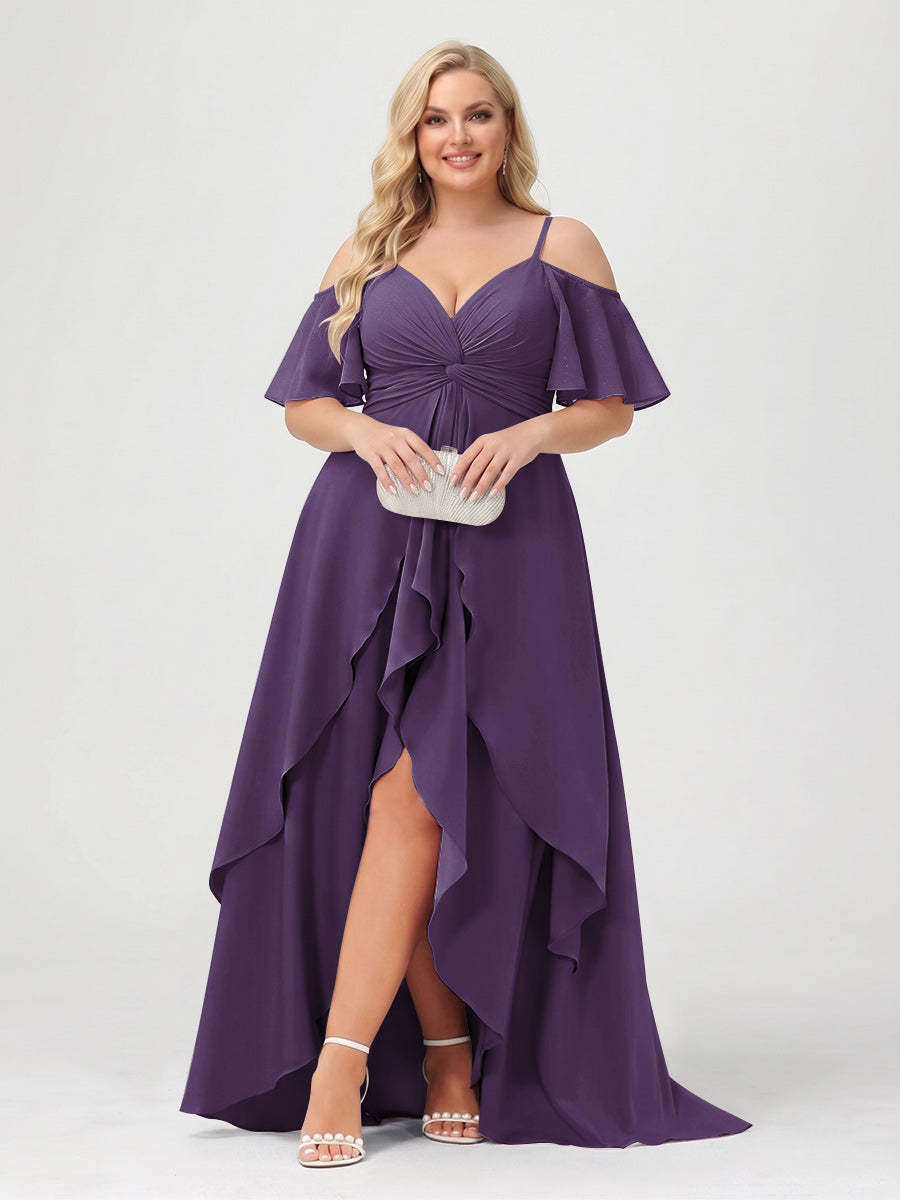 A-Line/Princess Spaghetti Straps Half Sleeves V-Neck Plus Size Bridesmaid Dresses With Ruffles