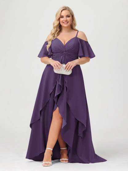 A-Line/Princess Spaghetti Straps Half Sleeves V-Neck Plus Size Bridesmaid Dresses With Ruffles