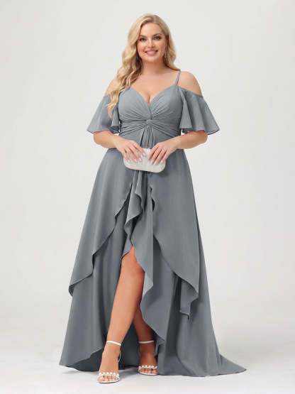 A-Line/Princess Spaghetti Straps Half Sleeves V-Neck Plus Size Bridesmaid Dresses With Ruffles