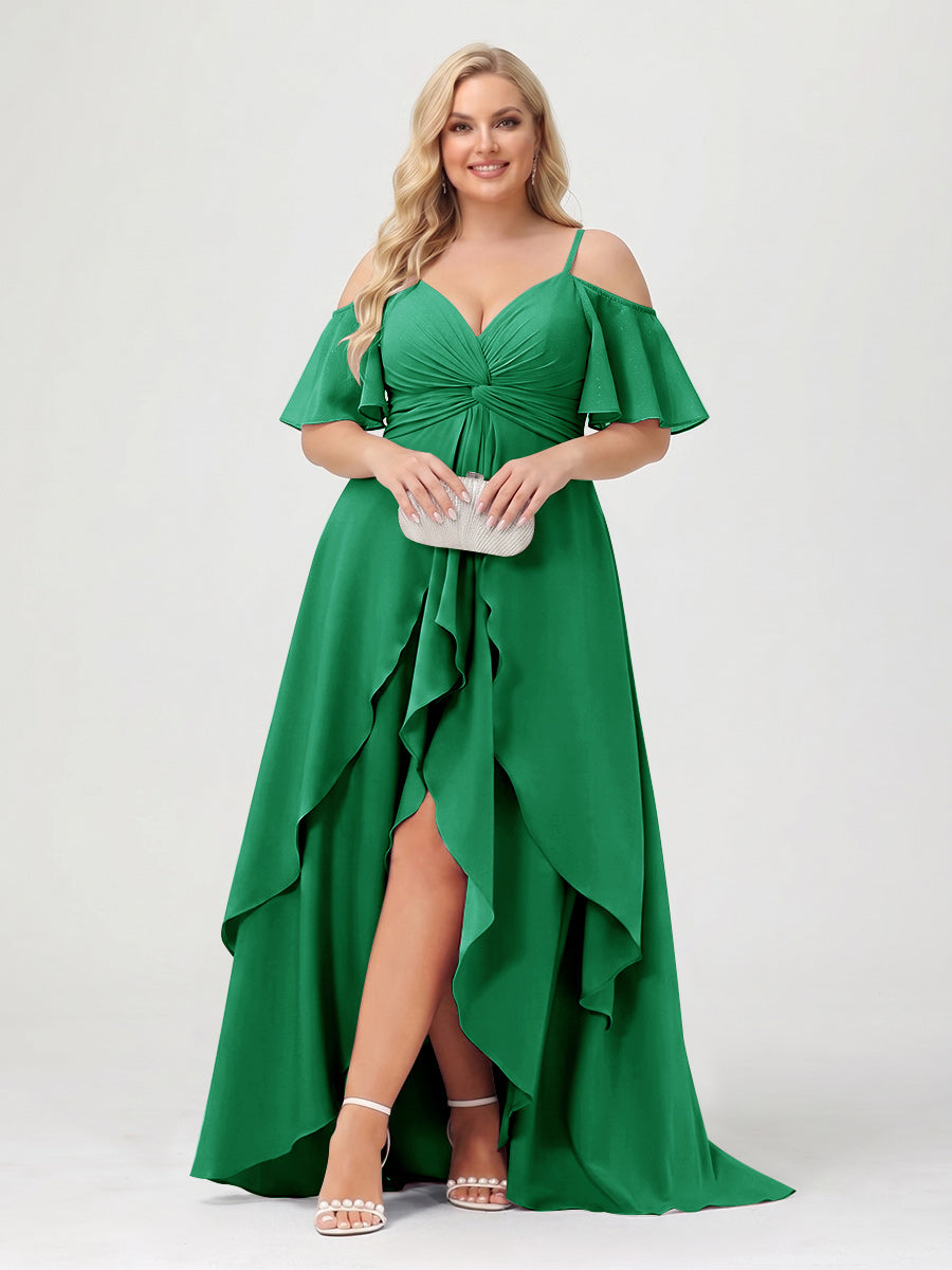 A-Line/Princess Spaghetti Straps Half Sleeves V-Neck Plus Size Bridesmaid Dresses With Ruffles
