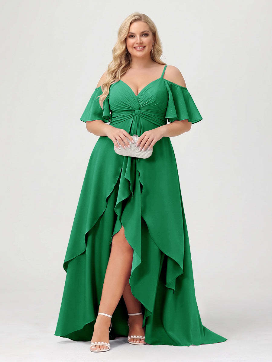 A-Line/Princess Spaghetti Straps Half Sleeves V-Neck Plus Size Bridesmaid Dresses With Ruffles
