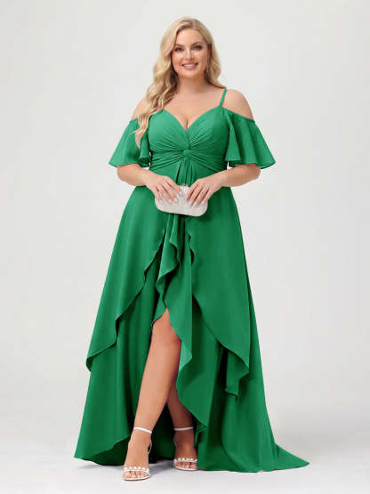A-Line/Princess Spaghetti Straps Half Sleeves V-Neck Plus Size Bridesmaid Dresses With Ruffles