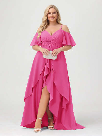 A-Line/Princess Spaghetti Straps Half Sleeves V-Neck Plus Size Bridesmaid Dresses With Ruffles