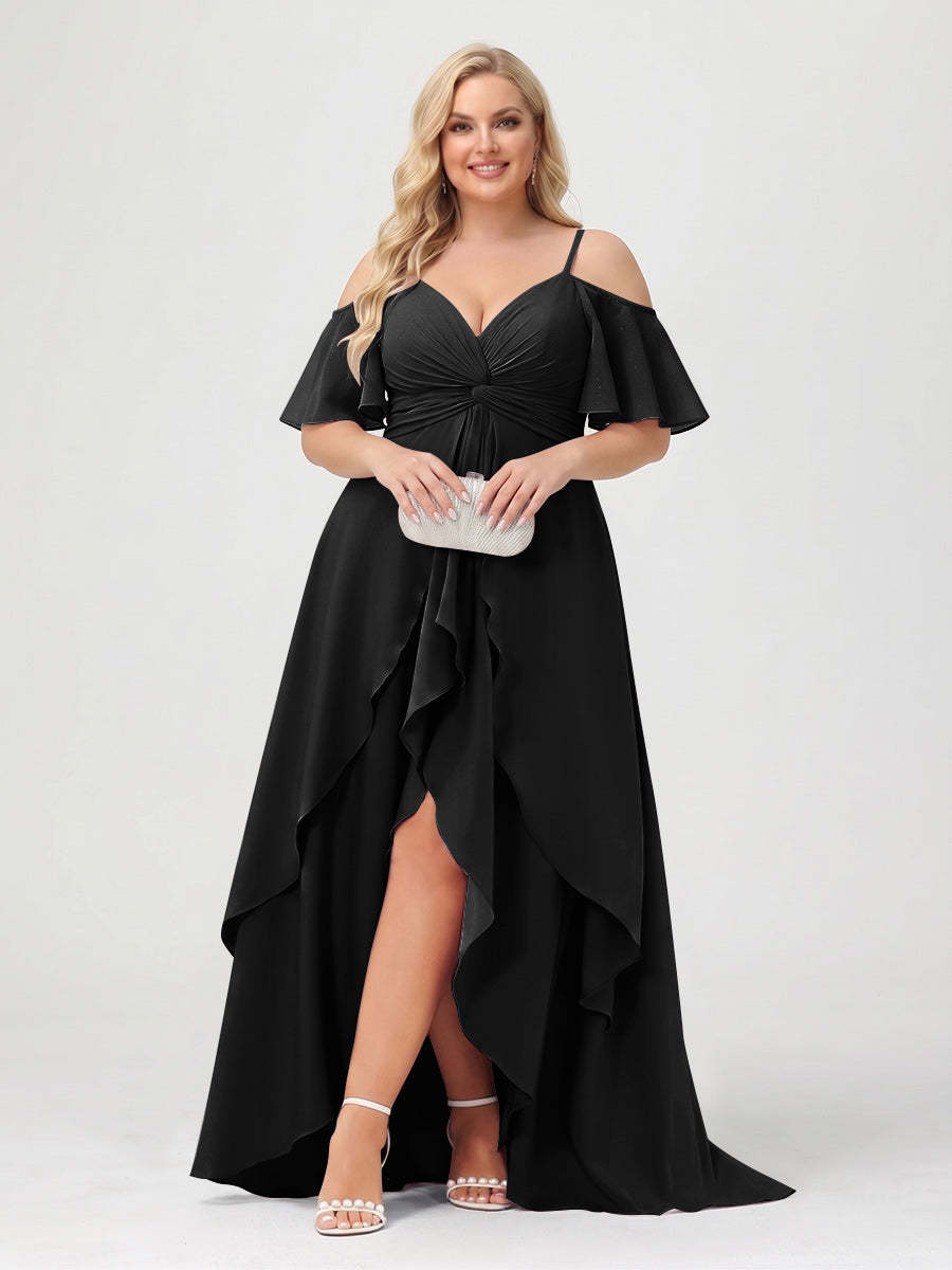 A-Line/Princess Spaghetti Straps Half Sleeves V-Neck Plus Size Bridesmaid Dresses With Ruffles