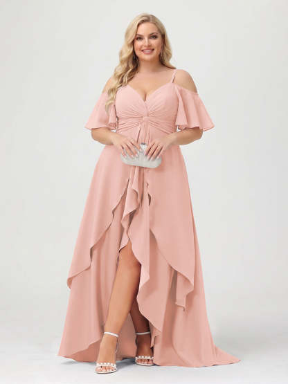 A-Line/Princess Spaghetti Straps Half Sleeves V-Neck Plus Size Bridesmaid Dresses With Ruffles