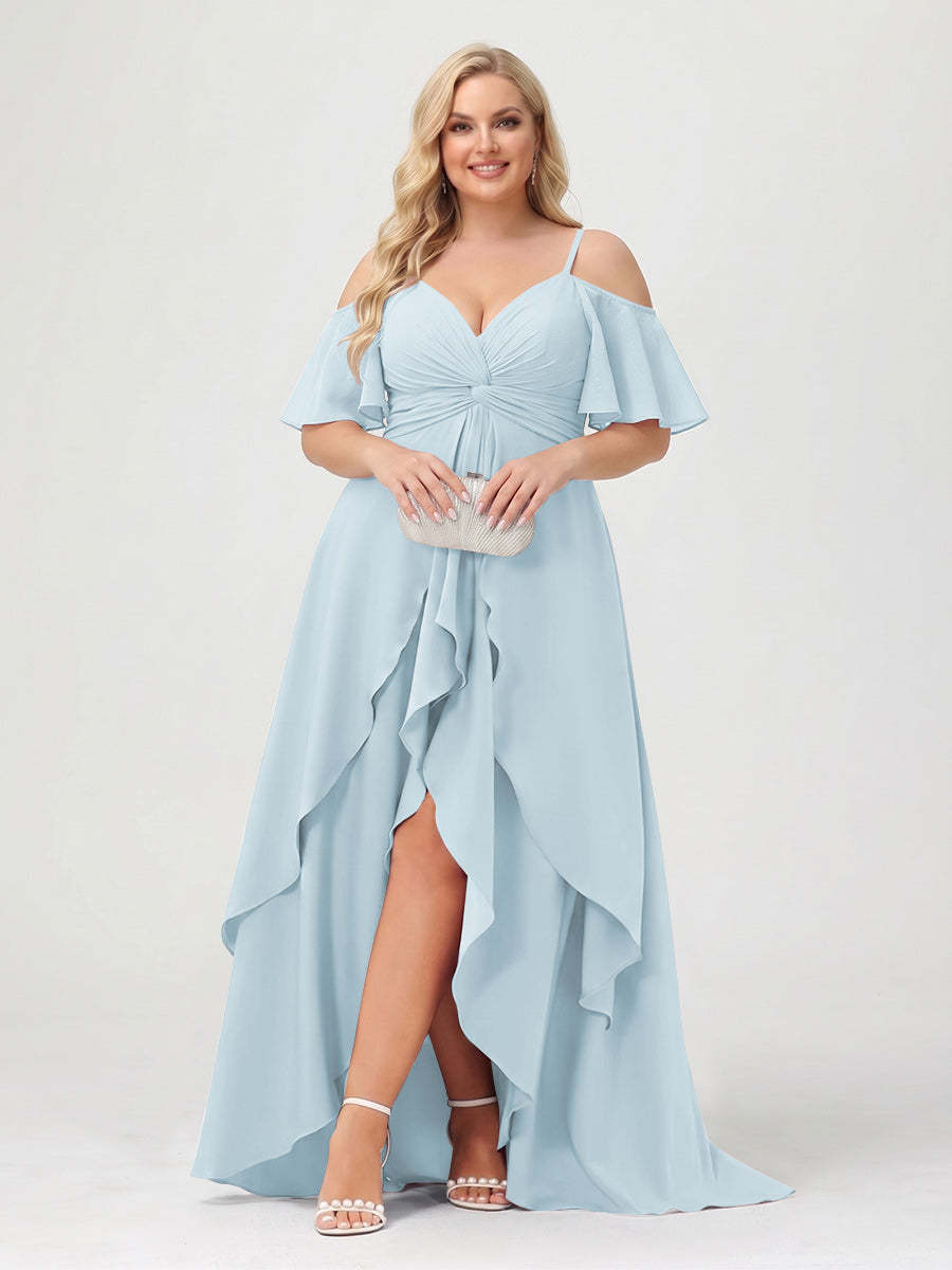 A-Line/Princess Spaghetti Straps Half Sleeves V-Neck Plus Size Bridesmaid Dresses With Ruffles