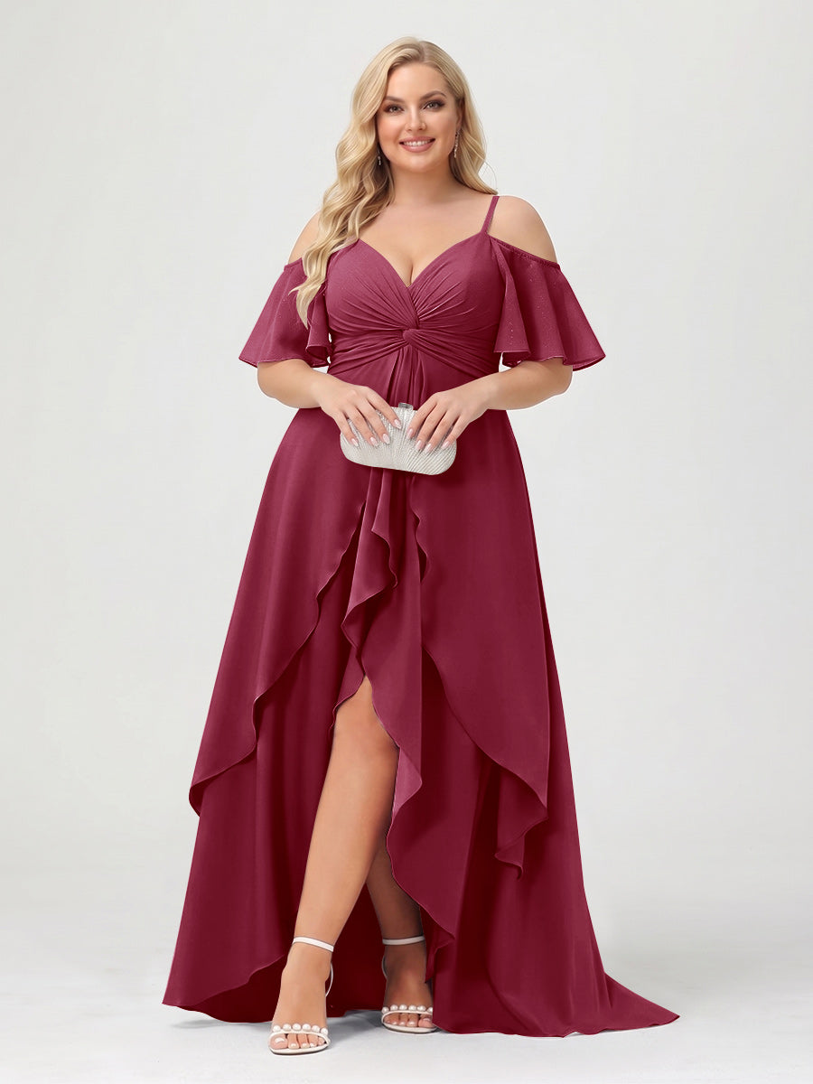 A-Line/Princess Spaghetti Straps Half Sleeves V-Neck Plus Size Bridesmaid Dresses With Ruffles