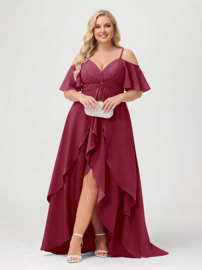 A-Line/Princess Spaghetti Straps Half Sleeves V-Neck Plus Size Bridesmaid Dresses With Ruffles