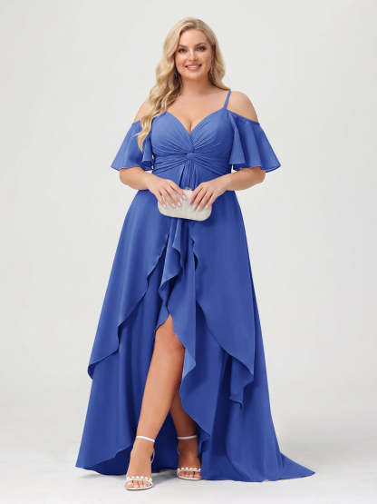 A-Line/Princess Spaghetti Straps Half Sleeves V-Neck Plus Size Bridesmaid Dresses With Ruffles