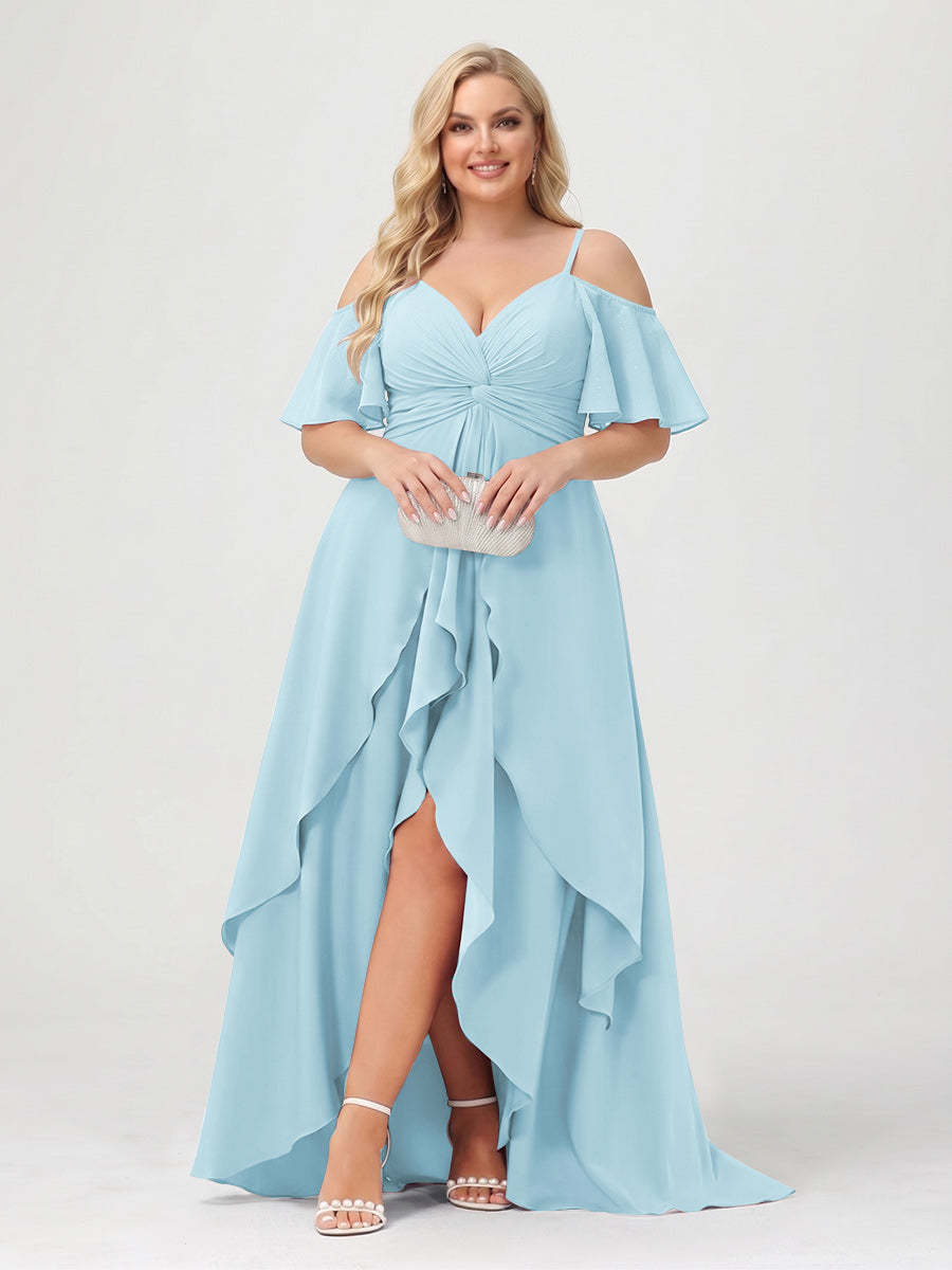 A-Line/Princess Spaghetti Straps Half Sleeves V-Neck Plus Size Bridesmaid Dresses With Ruffles
