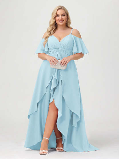 A-Line/Princess Spaghetti Straps Half Sleeves V-Neck Plus Size Bridesmaid Dresses With Ruffles
