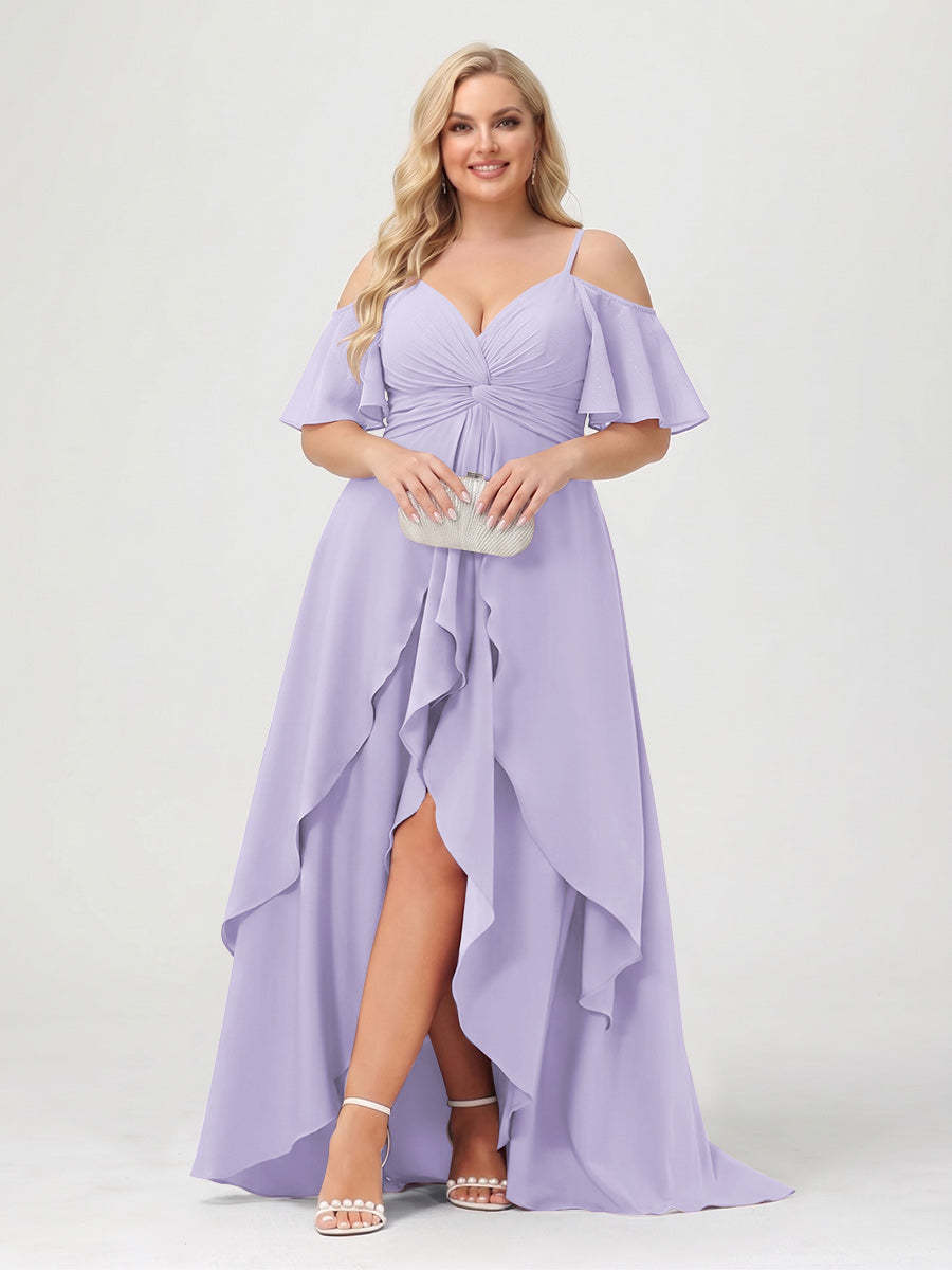 A-Line/Princess Spaghetti Straps Half Sleeves V-Neck Plus Size Bridesmaid Dresses With Ruffles