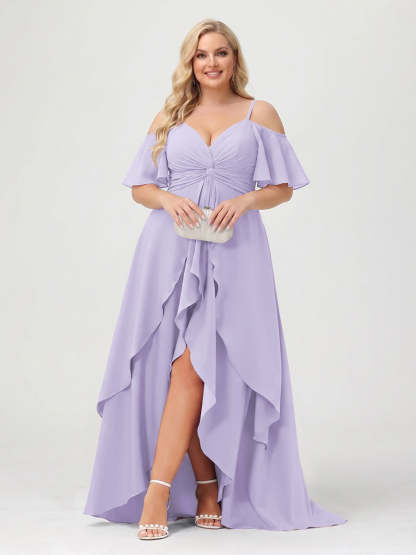 A-Line/Princess Spaghetti Straps Half Sleeves V-Neck Plus Size Bridesmaid Dresses With Ruffles