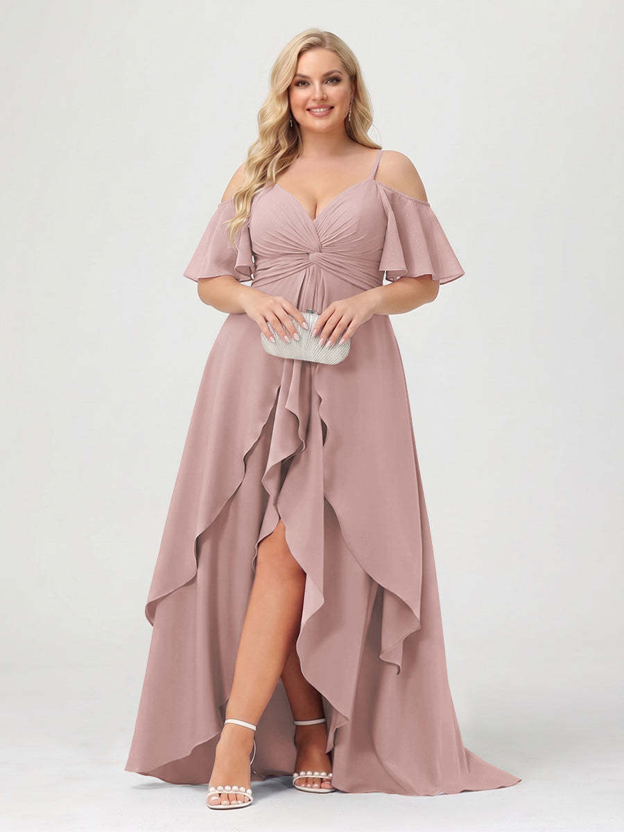 A-Line/Princess Spaghetti Straps Half Sleeves V-Neck Plus Size Bridesmaid Dresses With Ruffles