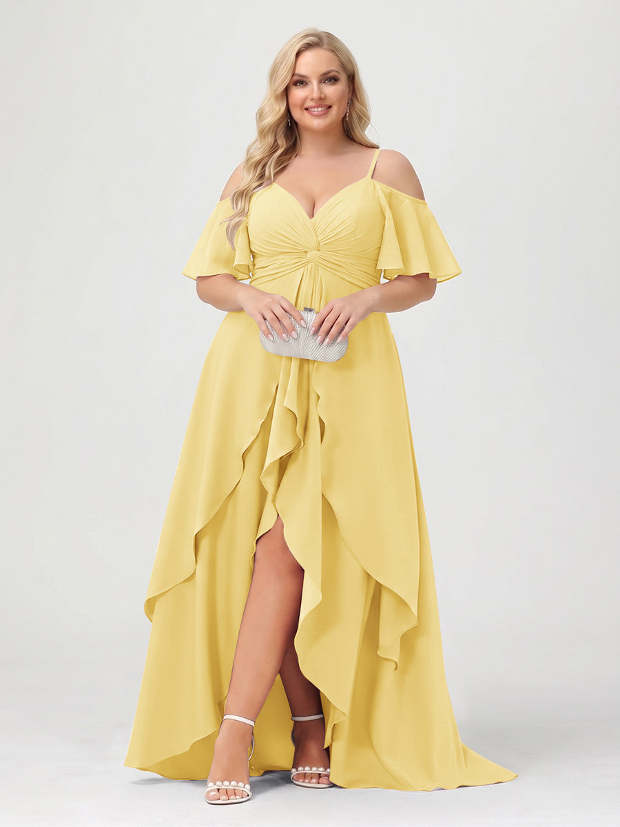 A-Line/Princess Spaghetti Straps Half Sleeves V-Neck Plus Size Bridesmaid Dresses With Ruffles