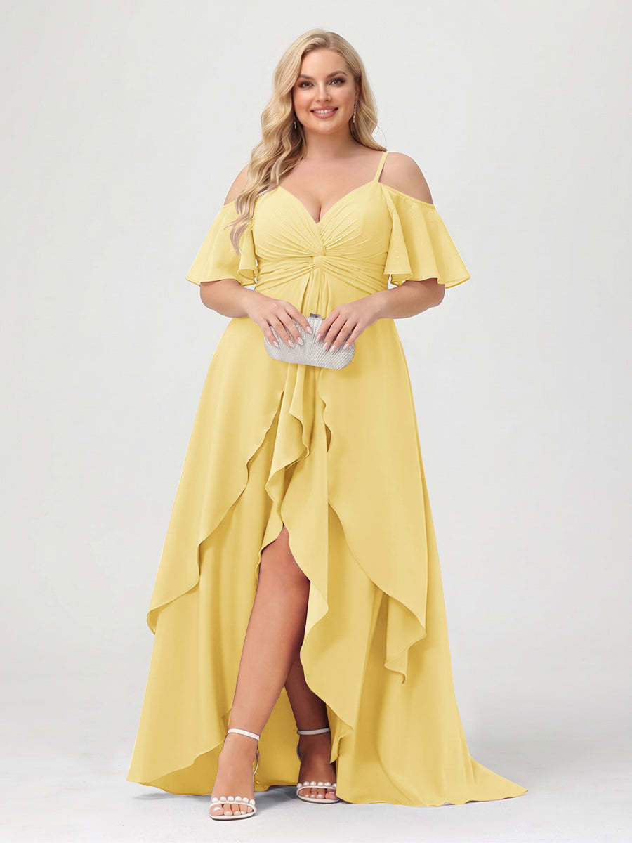 A-Line/Princess Spaghetti Straps Half Sleeves V-Neck Plus Size Bridesmaid Dresses With Ruffles