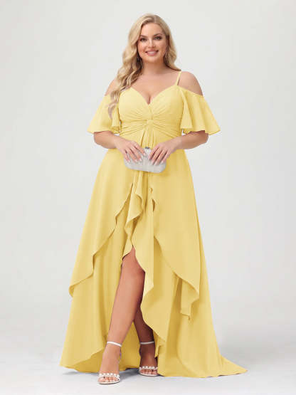 A-Line/Princess Spaghetti Straps Half Sleeves V-Neck Plus Size Bridesmaid Dresses With Ruffles