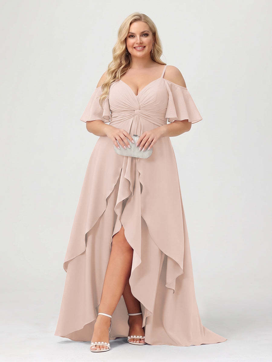 A-Line/Princess Spaghetti Straps Half Sleeves V-Neck Plus Size Bridesmaid Dresses With Ruffles