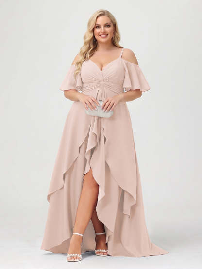 A-Line/Princess Spaghetti Straps Half Sleeves V-Neck Plus Size Bridesmaid Dresses With Ruffles