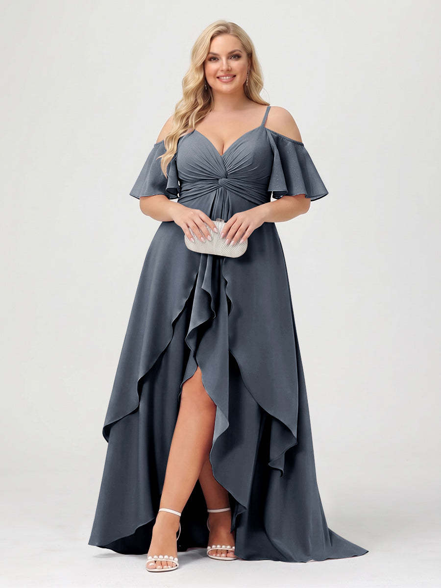 A-Line/Princess Spaghetti Straps Half Sleeves V-Neck Plus Size Bridesmaid Dresses With Ruffles